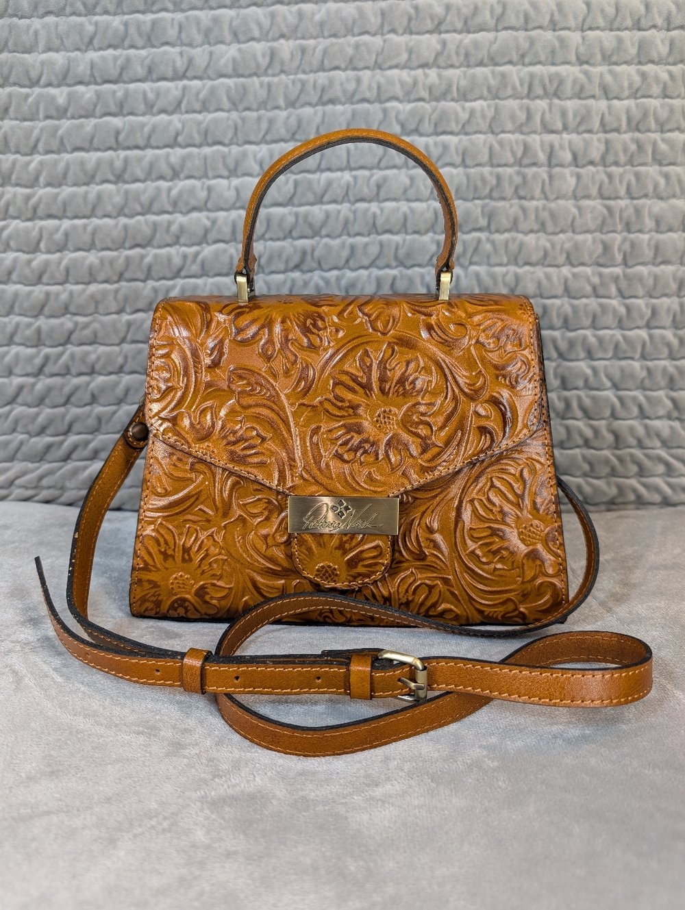 Patricia Nash Leather Satchel Purse Casotta Medium Gold Tooling Top Handle EUC